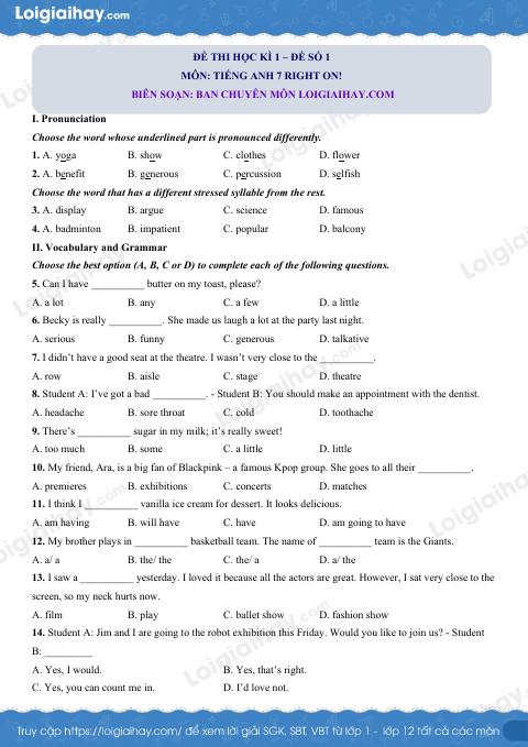 Đề thi học kì 1 Tiếng Anh 7 Right on! - Đề số 2